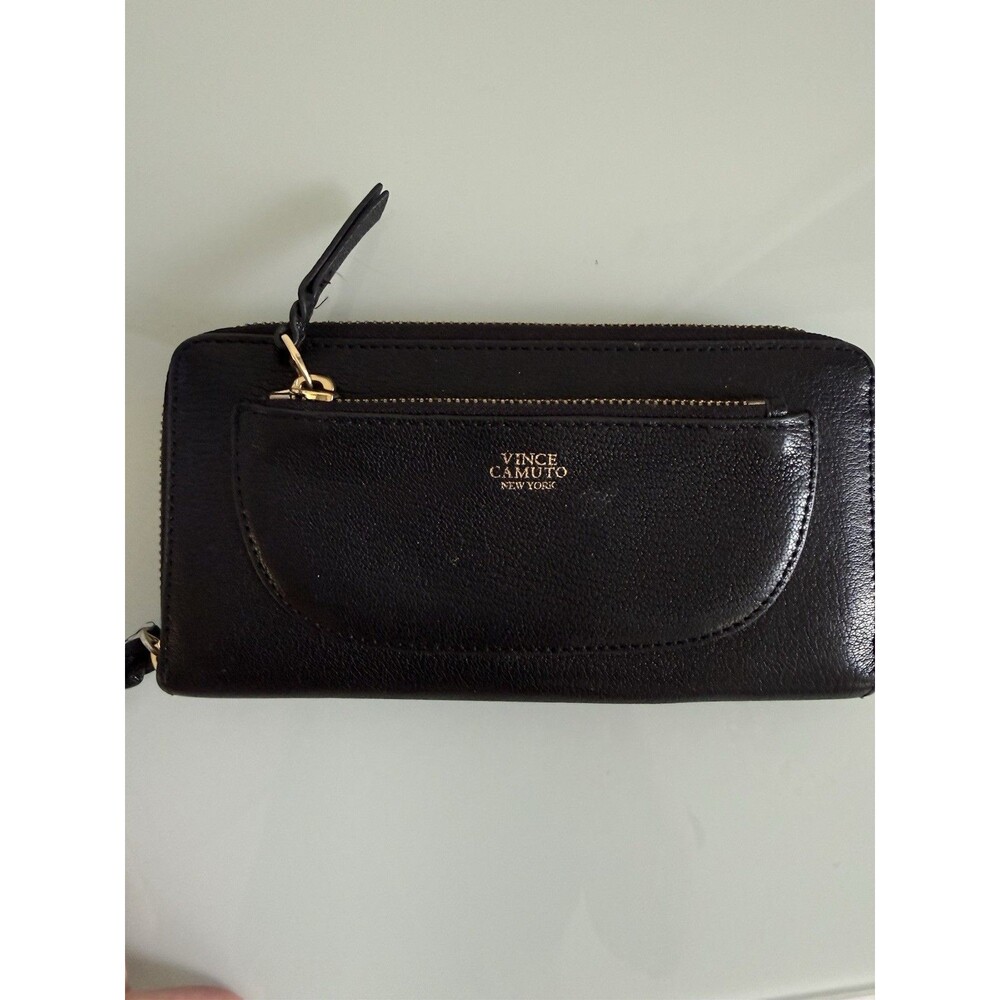 Vince Camuto Black Leather Zip Around Wallet Wristlet Crossbody Clutch